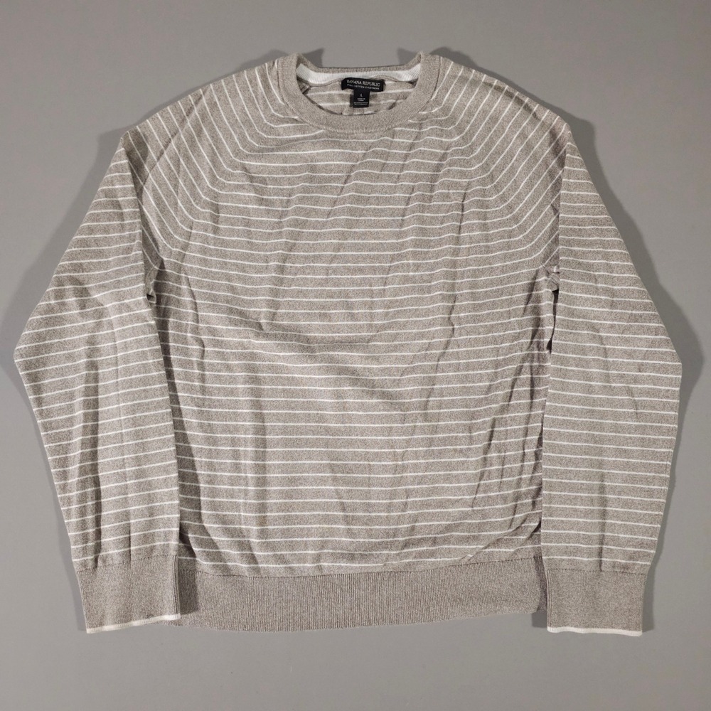 Banana Republic Sweater Mens L Taupe Pima Cotton Cashmere Striped Raglan Knit
